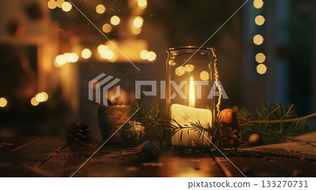 A candle is lit in front of a Christmas tree. The candle is surrounded by pine needles. The image conveys a cozy A candle is lit in front of a Christmas tree. The candle is surrounded by pine needles. The image conveys a cozy 133270731