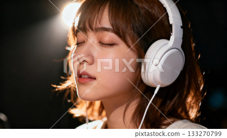 一個閉上眼睛，聽音樂的女人 133270799