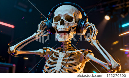一個骷髏在聽音樂，沉浸在音樂中 133270800