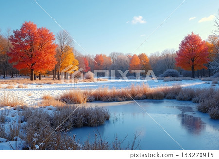 The image captures a picturesque autumn-winter landscape demonstrating the transition of seasons 133270915