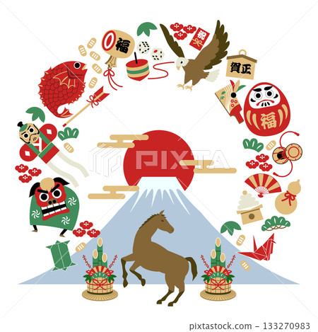 New Year's lucky charm frame (Mount Fuji, horse, and kadomatsu) 2026, color 133270983