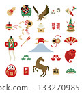 New Year's lucky icon set (Mount Fuji, horse, Daruma, sea bream) 2026, color 133270985