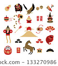 New Year's lucky icon set (Mt. Fuji, horse, daruma, sea bream) 2026, chic 133270986