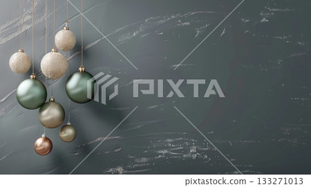 A wall with a grey background and a bunch of Christmas ornaments hanging from it. Poster, banner with copy space 133271013