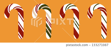 Christmas candy cane illustration featuring four festive striped sweets in warm red, green, and cream tones on an orange background, perfect for holiday designs, seasonal graphics, cards 133271087
