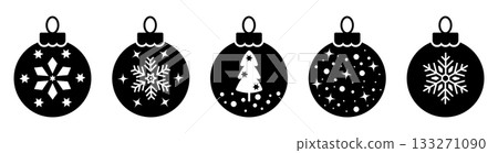 Black Christmas balls icon set with snowflakes, stars and tree designs. Festive minimalist holiday bauble for winter decorations, cards, prints and seasonal graphic projects Black Christmas balls icon set with snowflakes, stars and tree designs. Festive minimalist holiday bauble for winter decorations, cards, prints and seasonal graphic projects 133271090