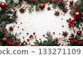 A white background with a red and green Christmas wreath. Copy place. 133271109