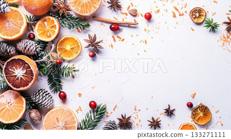 A white background with a bunch of oranges and spices. Scene is warm and inviting. Place for text. A white background with a bunch of oranges and spices. Scene is warm and inviting. Place for text. 133271111