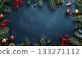 Christmas blue background, adorned with holiday decorations around the edges, leaving the center blank for content 133271112