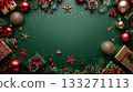 Christmas green background, adorned with holiday decorations around the edges, leaving the center blank for content 133271113