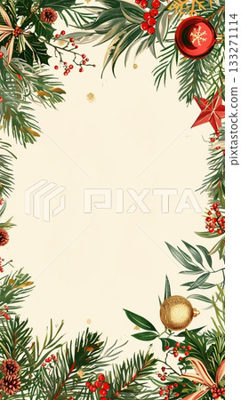 Christmas poster background in white, adorned with holiday decorations around the edges. Space for text Christmas poster background in white, adorned with holiday decorations around the edges. Space for text 133271114