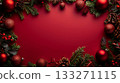 A red background with a Christmas tree and a bunch of red balls. Copy place. 133271115