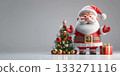 3D Santa Claus is standing in front of a Christmas tree with a box of presents. The scene is festive and cheerful, with the bright colors. Copy place. 133271116