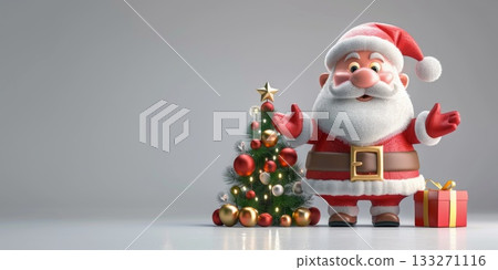 3D Santa Claus is standing in front of a Christmas tree with a box of presents. The scene is festive and cheerful, with the bright colors. Copy place. 3D Santa Claus is standing in front of a Christmas tree with a box of presents. The scene is festive and cheerful, with the bright colors. Copy place. 133271116