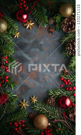 Frame of Christmas tree branches and decorations, pine cones and the balls are gold and green. Copy place Frame of Christmas tree branches and decorations, pine cones and the balls are gold and green. Copy place 133271118