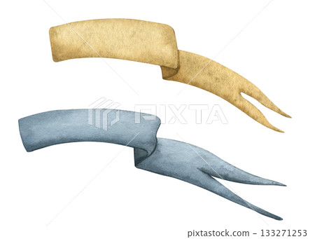 Watercolor illustration flags of beige and blue ribbon. Illustration of curved flowing Pennant in pastel colors. Banner pendants flagpoles. Vintage ribbon banners for Decorations and Invitations 133271253