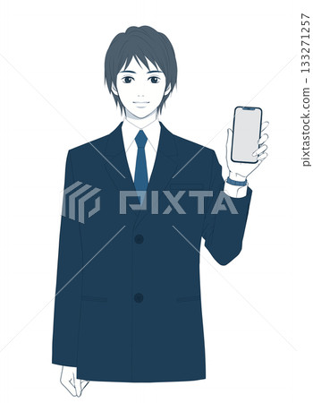 Illustration of a man in a suit holding a smartphone 133271257