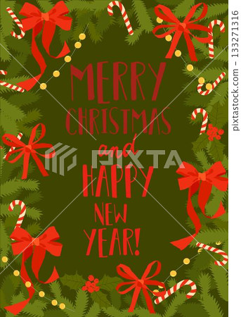 Festive Christmas Card with Fir Branches and Red Bows 133271316