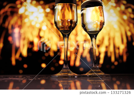 champagne celebration visuals, bright fireworks illuminate sparkling toasts in lively celebration scene 133271326