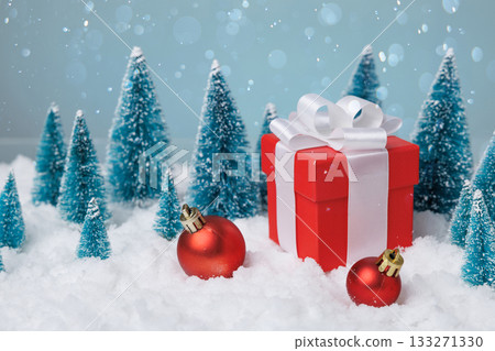 festive miniature scene, whimsical holiday setting showcasing tiny frosted firs and shimmering ornaments festive miniature scene, whimsical holiday setting showcasing tiny frosted firs and shimmering ornaments 133271330