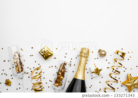 Christmas background with golden decoration on white background, space for text Christmas background with golden decoration on white background, space for text 133271343