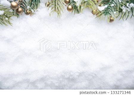 serene snowy forest backdrop, calm winter landscape with soft sunlight and pine details present 133271346
