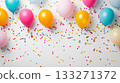The balloons are of different colors and sizes, and the confetti adds a festive touch to the scene. Scene is celebratory and joyful 133271372