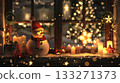 A snowman with a red scarf sits in front of a window with Christmas lights. The scene is cozy and festive, with candles and other decorations adding to the warm atmosphere 133271373