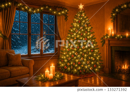 Warm Christmas Interior with Tree and Fireplace 133271392