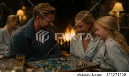 A happy family in pajamas plays a board game by a warm fireplace. This scene evokes feelings of love, togetherness, and cozy comfort. Ideal for family, lifestyle, or holiday themes. 133271506