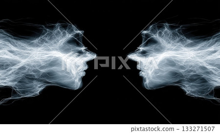 Two abstract profiles made of ethereal energy face each other on a black background. A mystical and intense mood symbolizing consciousness, communication, or duality. For sci-fi or psychology. 133271507