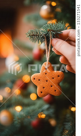 A hand hangs a gingerbread star ornament on a Christmas tree. This cozy scene with warm bokeh lights evokes a festive, heartwarming mood. Ideal for holiday greetings or seasonal content. 133271541