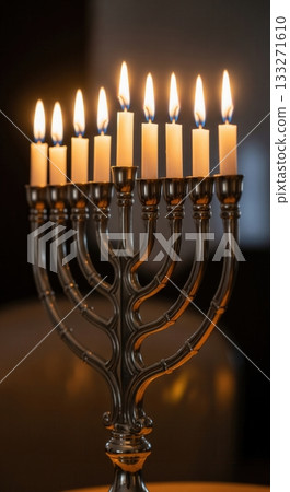 A silver menorah with nine lit candles, glowing against a dark, intimate background. This classic image evokes the spiritual essence and tradition of the Jewish Hanukkah celebration. A silver menorah with nine lit candles, glowing against a dark, intimate background. This classic image evokes the spiritual essence and tradition of the Jewish Hanukkah celebration. 133271610