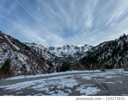 Winter mountain landscape with snowy peaks, pine forests and a cold sky, peaceful nature scenery 133271631