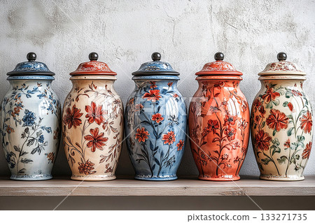 Home aesthetic. Ceramic containers with lid for storing groceries in a cottage style on a white background. Home aesthetic. Ceramic containers with lid for storing groceries in a cottage style on a white background. 133271735