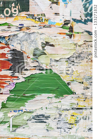 Ripped paper background revealing vivid green, orange, and pastel posters layers. Concept of urban layering, vibrant decay, and retro visual storytelling Ripped paper background revealing vivid green, orange, and pastel posters layers. Concept of urban layering, vibrant decay, and retro visual storytelling 133271832