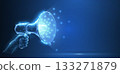 Hand with Bullhorn. Abstract vector 3d megaphone on blue background. Communication, announcement message, shout speech, warning alert concept. 133271879