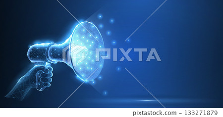 Hand with Bullhorn. Abstract vector 3d megaphone on blue background. Communication, announcement message, shout speech, warning alert concept. 133271879