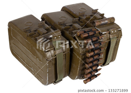 Ammo boxes with ammunition belt and 7.62 mm cartridges for kalashnikov PK or PKM machine gun isolated on white. Ammo boxes with ammunition belt and 7.62 mm cartridges for kalashnikov PK or PKM machine gun isolated on white. 133271899