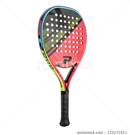 Colorful padel racket with vibrant abstract design, isolated on transparent background for sports and action branding 133271911