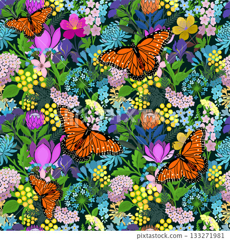 Blooming Meadow Boho dark Seamless Pattern with butterflies. Ditsy Print. Wildflowers Vintage Background. Simple Different Small Flowers. Style Floral Design Blooming Meadow Boho dark Seamless Pattern with butterflies. Ditsy Print. Wildflowers Vintage Background. Simple Different Small Flowers. Style Floral Design 133271981
