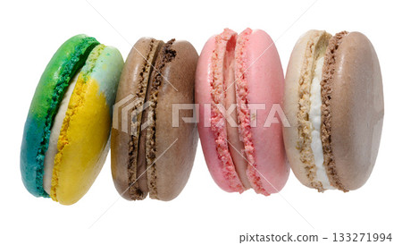 Stack of four colorful macarons blue, yellow, brown, and pink. Dessert on an isolated background Stack of four colorful macarons blue, yellow, brown, and pink. Dessert on an isolated background 133271994