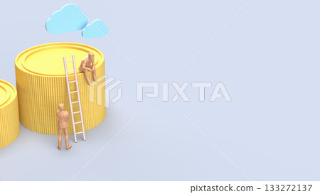 The Miniature People with Ladder and Stacked Coins 3d rendering. 133272137