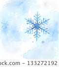 A watercolor illustration of a snowflake, prominently featuring a large, intricate, blue snowflake pattern in the foreground 133272192