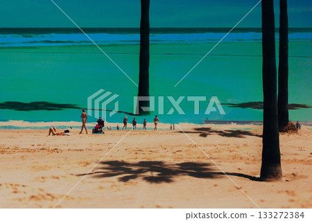 Surreal beach scene with people relaxing and walking near the ocean, palm tree shadows stretching across golden sand. Travel destination Exotic nature 133272384