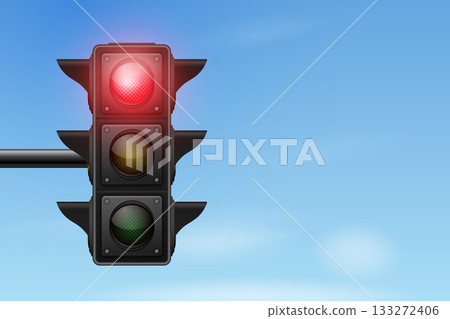 Red Traffic Light on Blue Sky, Vector Illustration. 3d Realistic Traffic Light Red Signal. Traffic Light Illustration, Stop Sign. City Street Background, Pedestrian Crossing and Driving Concept 133272406