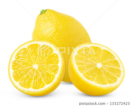 Lemon fruit and half isolated. Whole lemon and two halves of lemon with clipping peth. Lemon fruit and half isolated. Whole lemon and two halves of lemon with clipping peth. 133272423