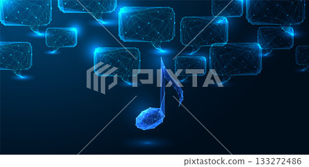 AI and digital music generation with glowing low poly note and speech bubbles in futuristic style 133272486
