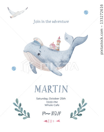 Cute watercolor whale with lighthouse and houses on its back, nautical birthday invitation template with marine elements and text space. Hand-painted ocean-themed kids design Cute watercolor whale with lighthouse and houses on its back, nautical birthday invitation template with marine elements and text space. Hand-painted ocean-themed kids design 133272616