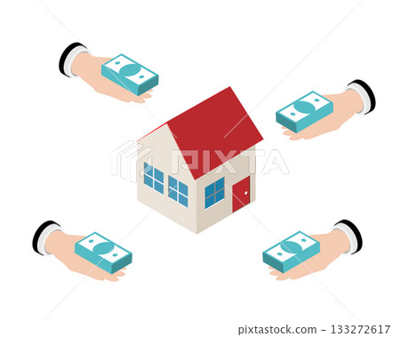 Real Estate Transaction Hands Offering Money for a House or house in high demand Real Estate Transaction Hands Offering Money for a House or house in high demand 133272617